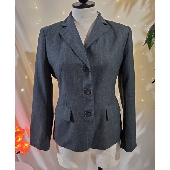Lauren Ralph Lauren Vintage 90s Pinstripe Wool Gray Blazer Jacket Womens Size 4P - Picture 1 of 13